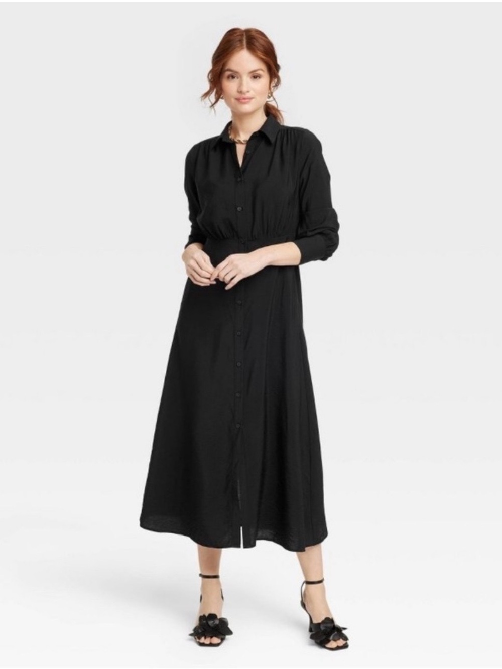 a new day Black Button-Front Midi Shirt Dress with Cinched Waist Size S